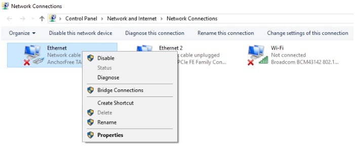 network connections screen