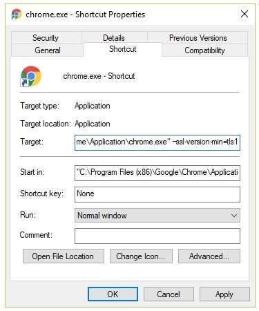 Chrome Shortcut properties