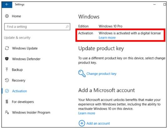 Windows is activated with a digital license