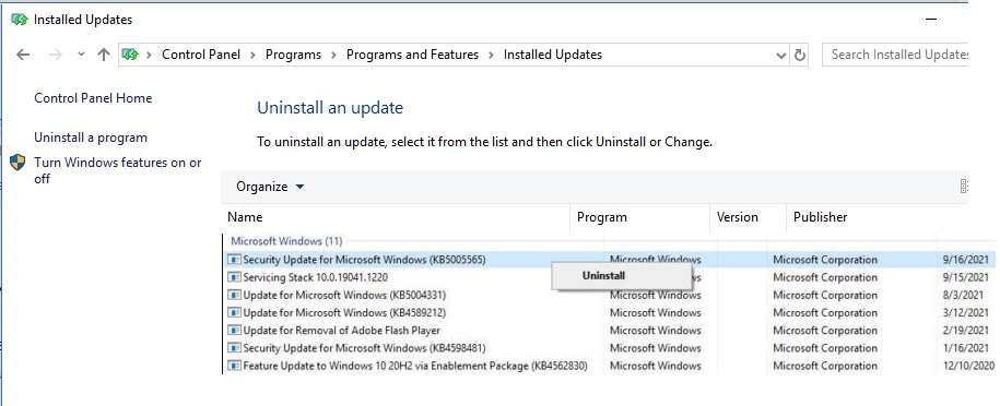 uninstall security update Microsoft Windows